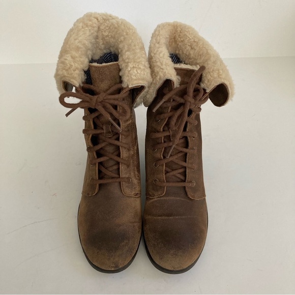 UGG Zea Suede Lace Up Wedge Boot Waterproof Shearling Cuff Brown Leather 10 - Picture 8 of 15